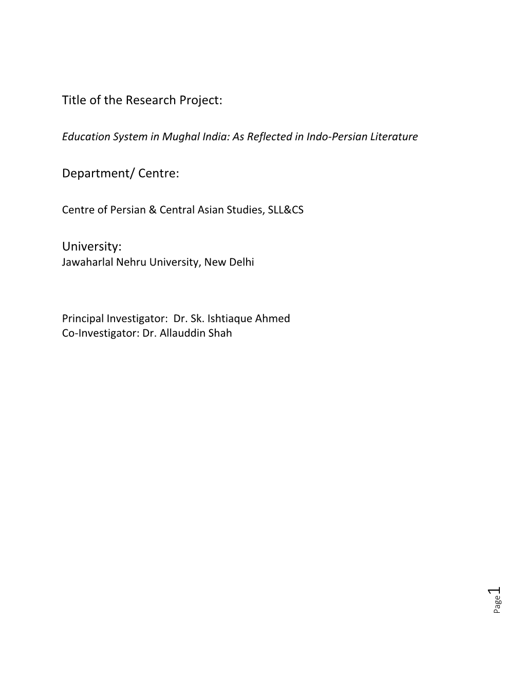 Report of Research Project "Education System in Mughal India