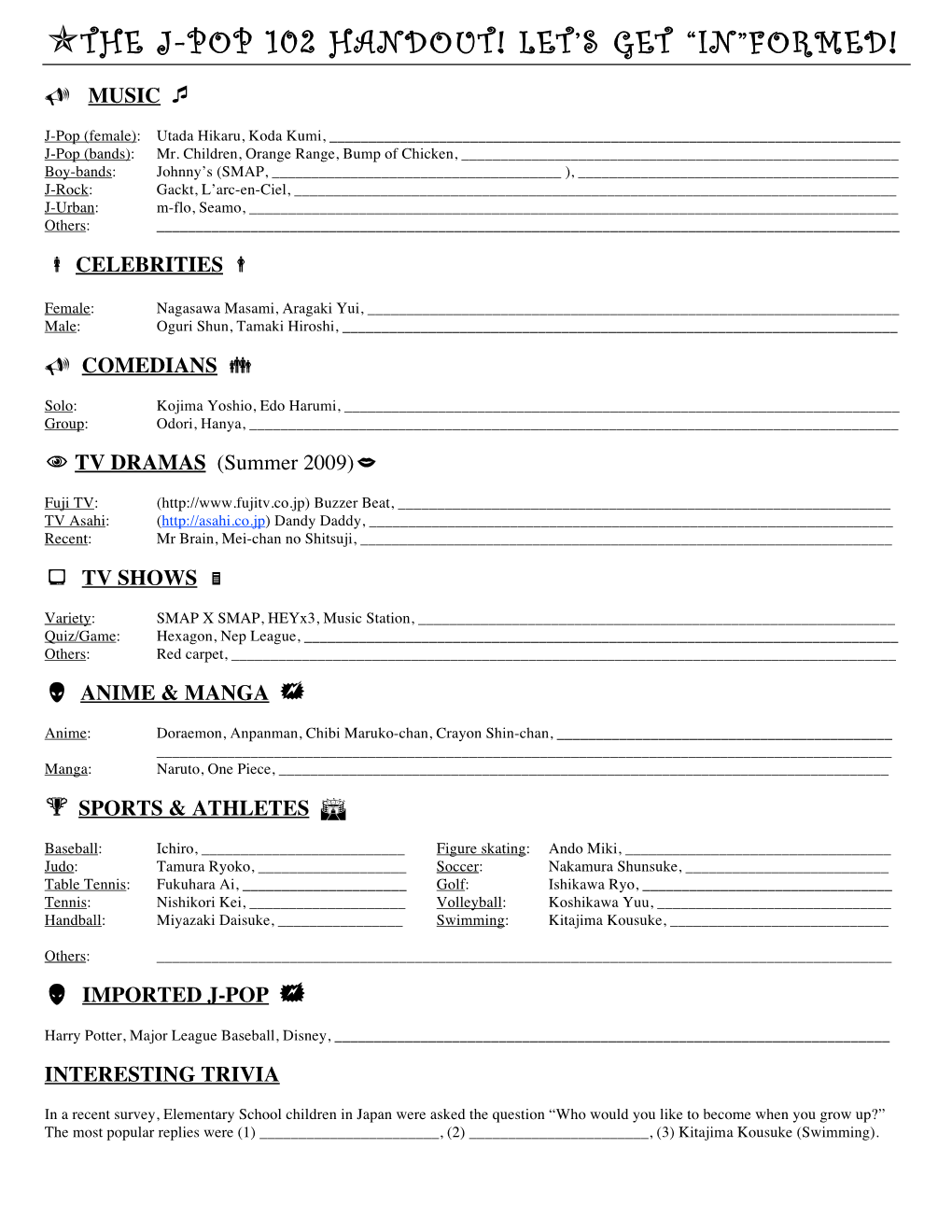 The J-Pop 102 Handout! Let's Get “In”Formed!