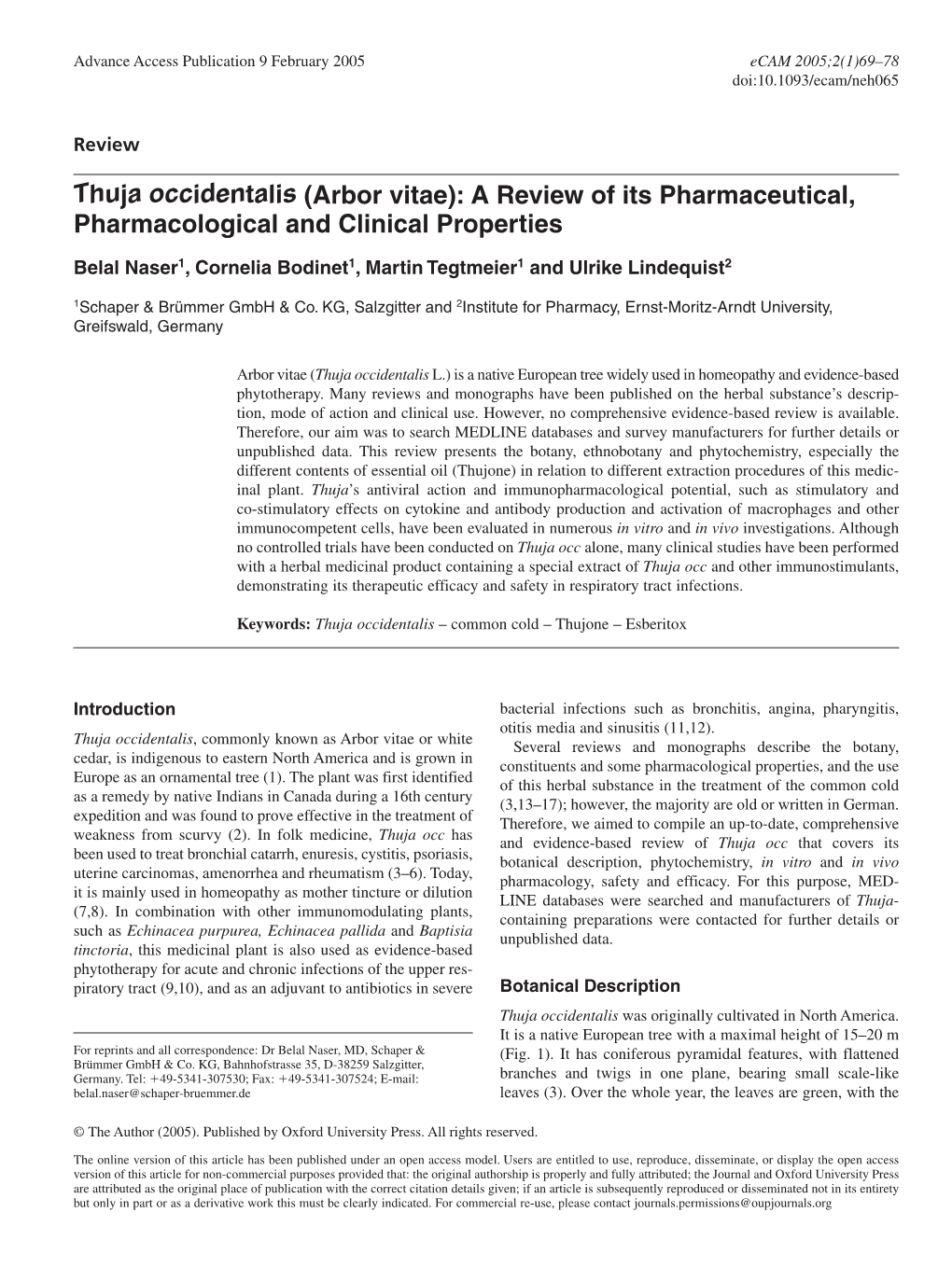 Thuja Occidentalis (Arbor Vitae): a Review of Its Pharmaceutical, Pharmacological and Clinical Properties