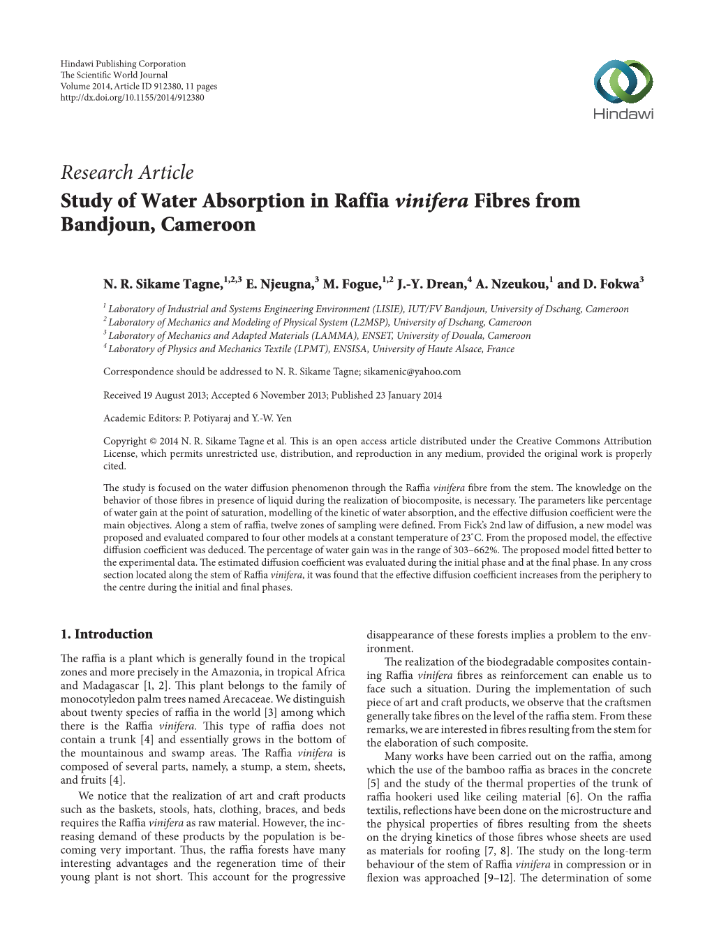 Study of Water Absorption in Raffia Vinifera Fibres from Bandjoun, Cameroon