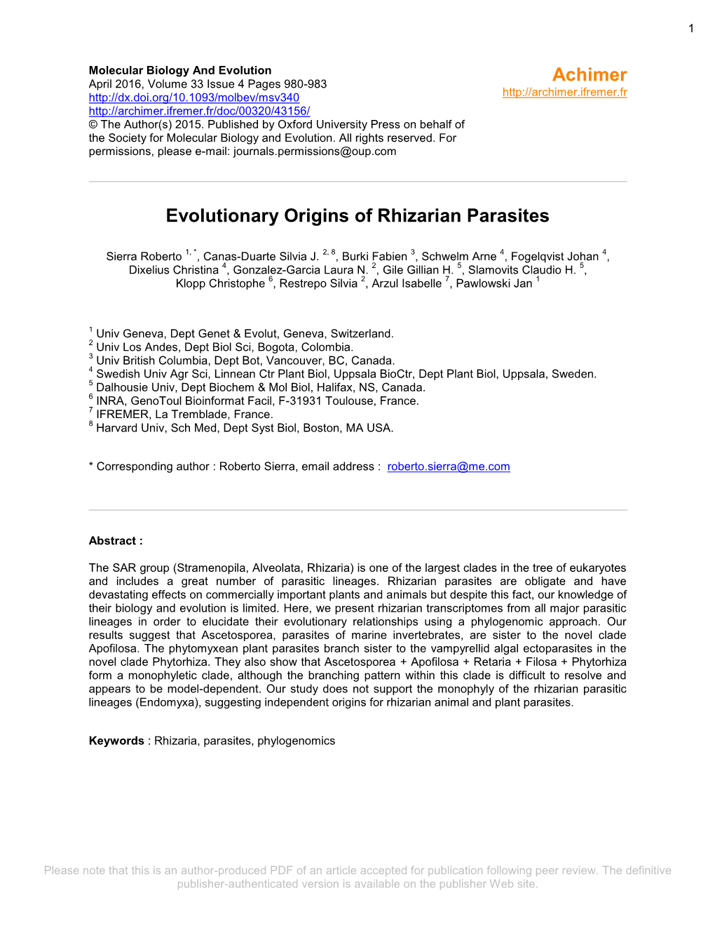 Evolutionary Origins of Rhizarian Parasites