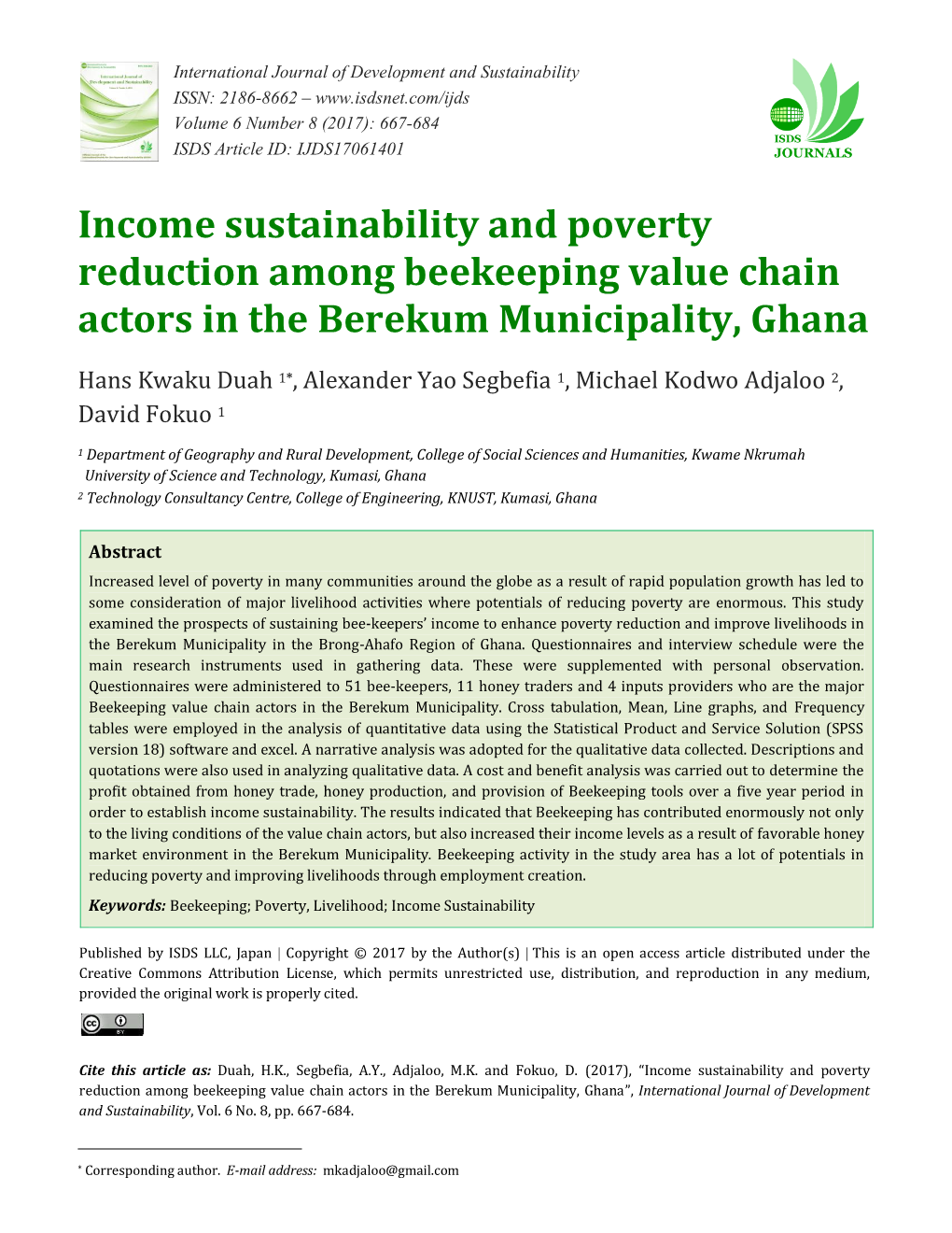 Income Sustainability and Poverty Reduction Among Beekeeping Value Chain Actors in the Berekum Municipality, Ghana