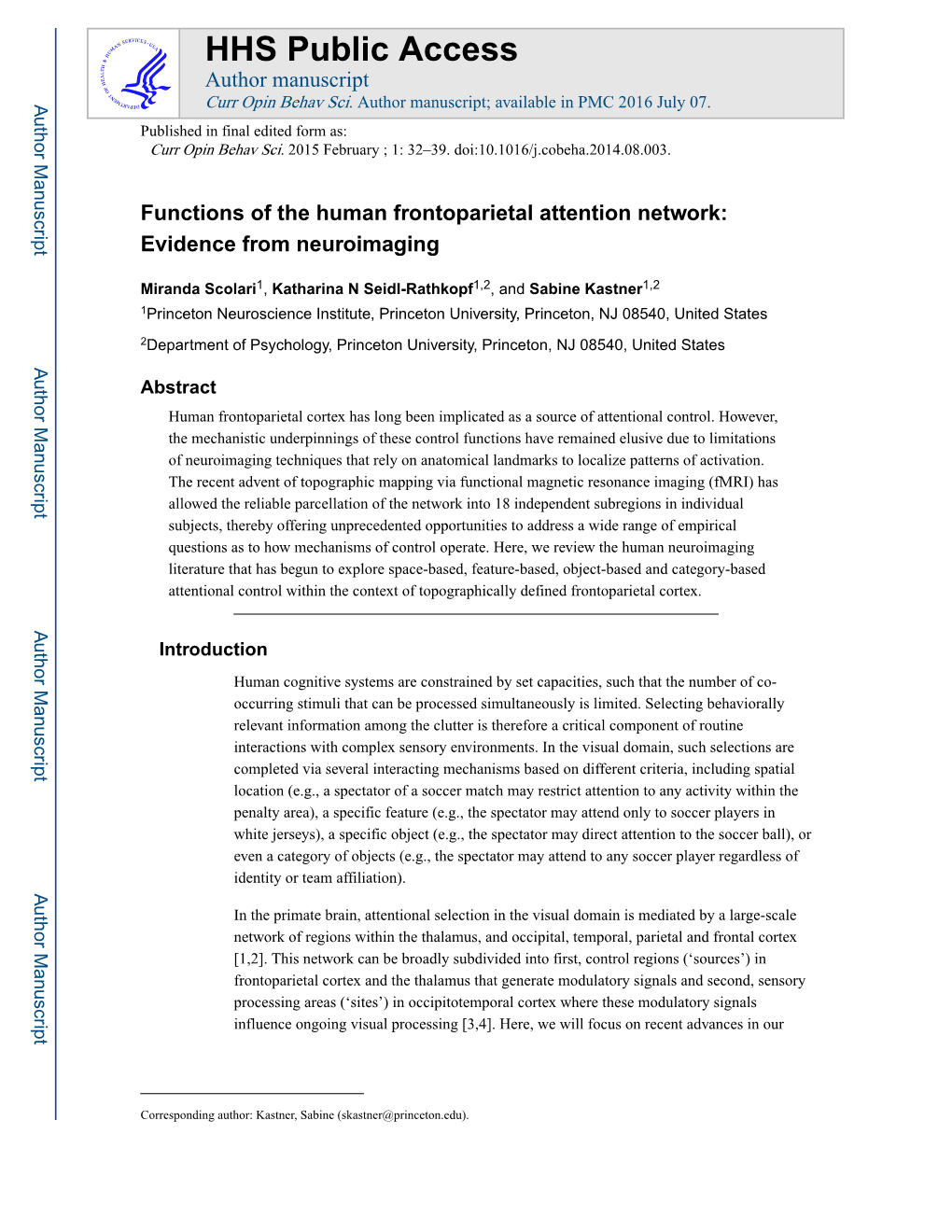 Functions of the Human Frontoparietal Attention Network: Evidence from Neuroimaging