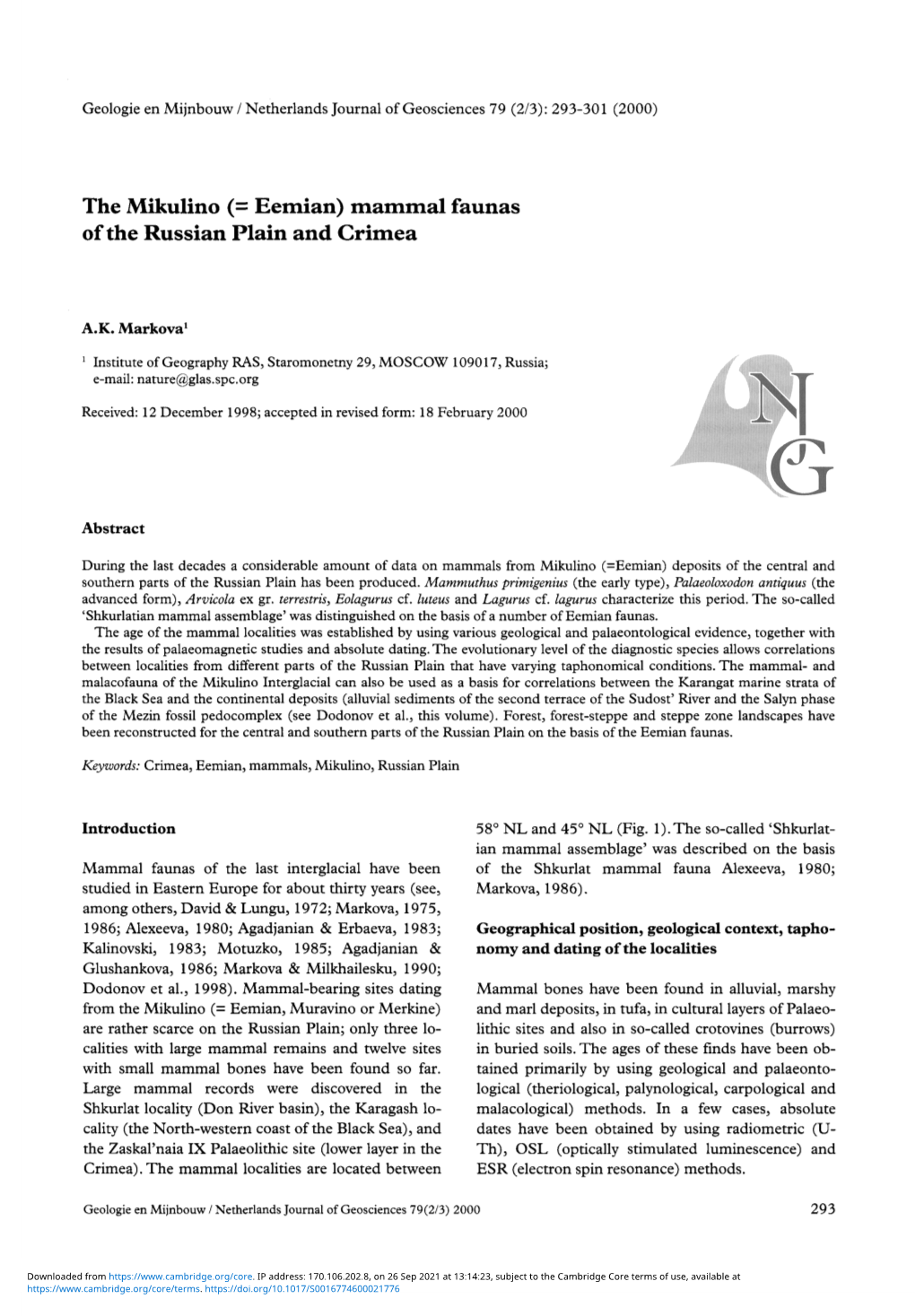 The Mikulino (= Eemian) Mammal Faunas of the Russian Plain and Crimea