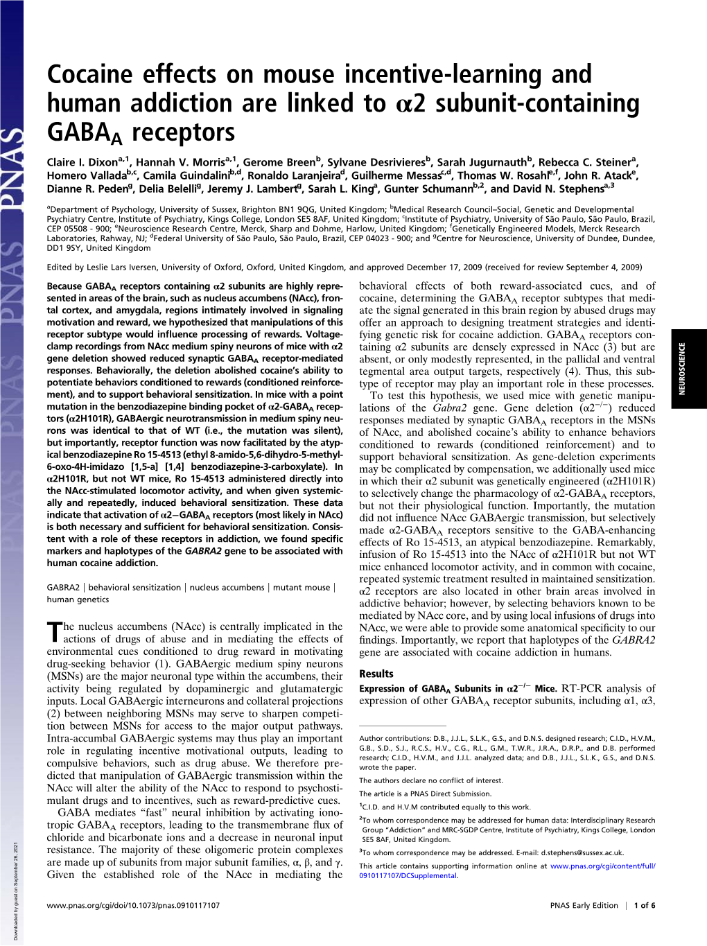 Cocaine Effects on Mouse Incentive-Learning and Human Addiction Are Linked to Α2 Subunit-Containing GABAA Receptors Claire I