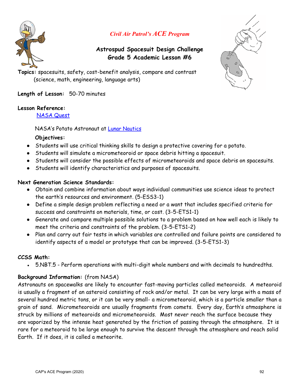 Astrospud Spacesuit Design Challenge Grade 5 Academic Lesson #6