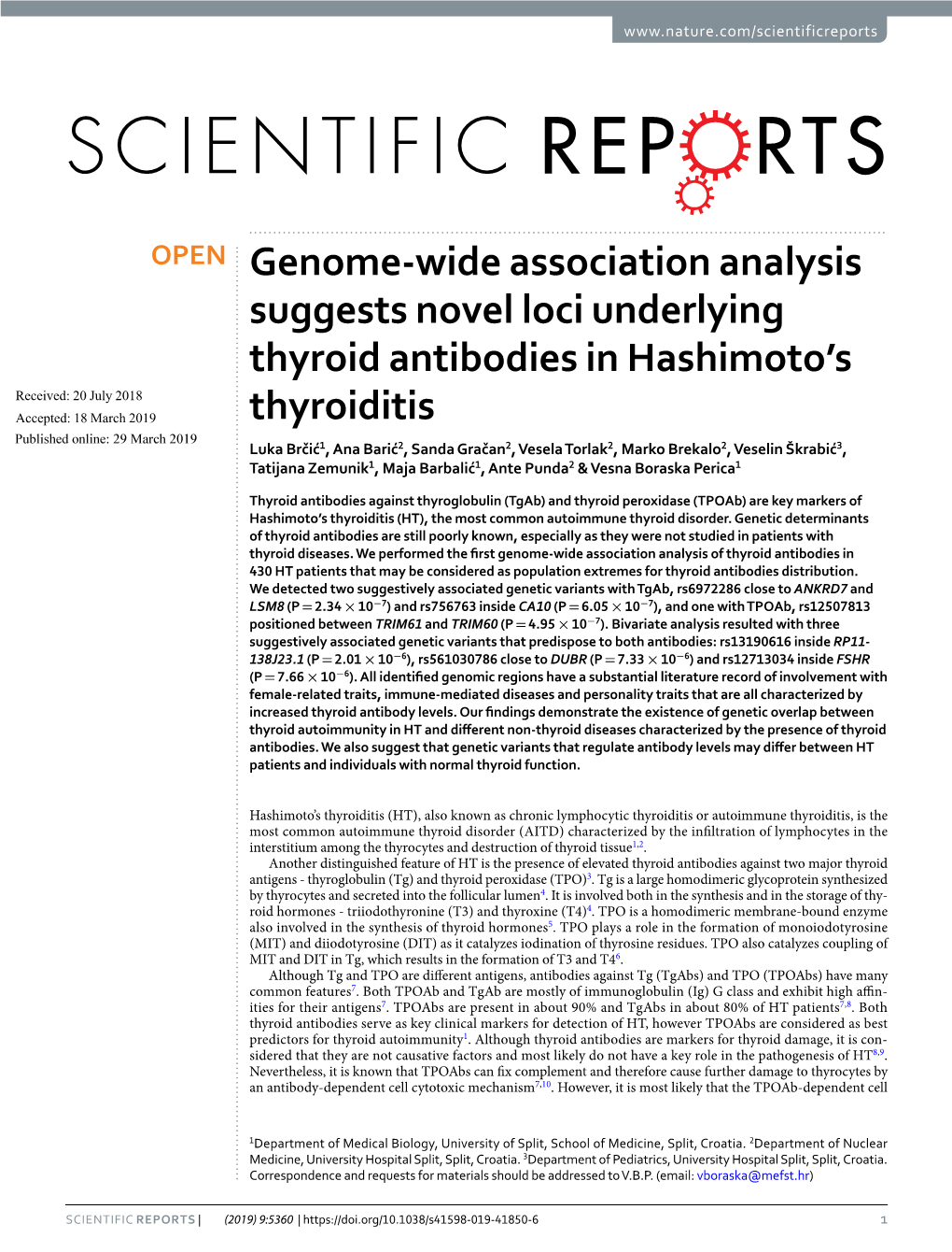 Genome-Wide Association Analysis Suggests Novel Loci Underlying Thyroid Antibodies in Hashimoto's Thyroiditis