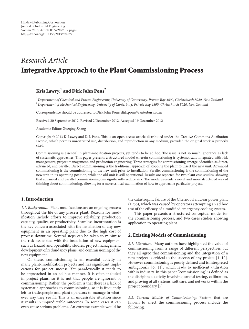 Research Article Integrative Approach to the Plant Commissioning Process