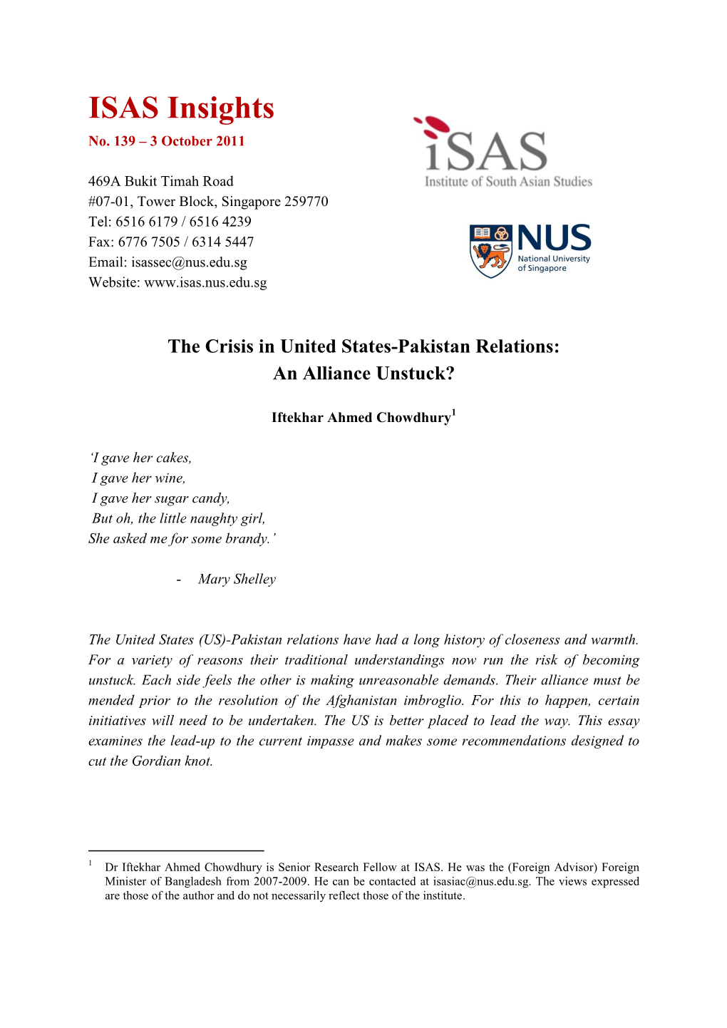 The Crisis in United States-Pakistan Relations: an Alliance Unstuck?