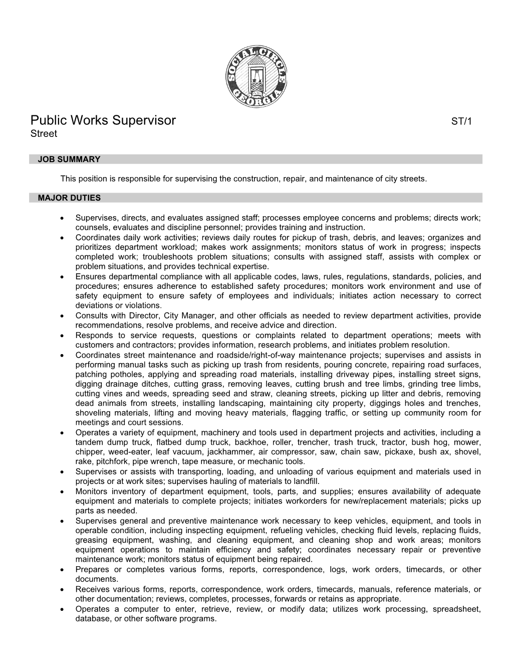 PW01 – Public Works Supervisor