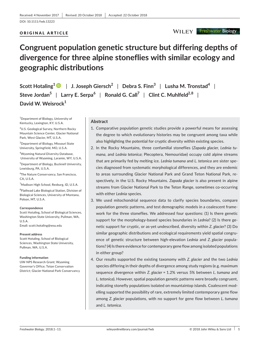 Congruent Population Genetic Structure but Differing Depths of Divergence for Three Alpine Stoneflies with Similar Ecology and Geographic Distributions