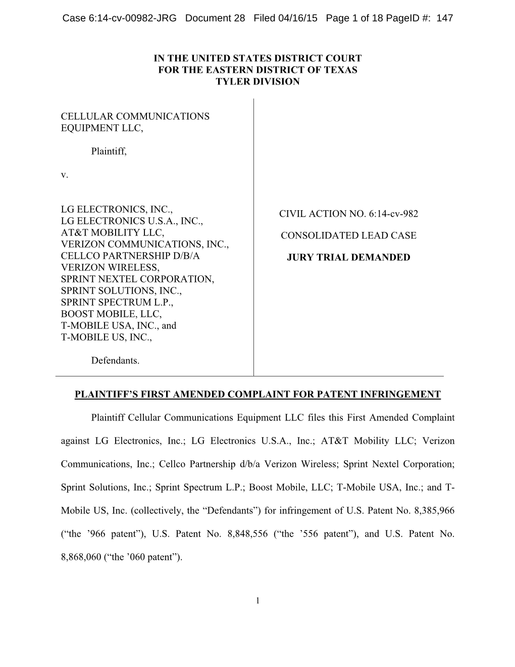 Case 6:14-Cv-00982-JRG Document 28 Filed 04/16/15 Page 1 of 18 Pageid #: 147