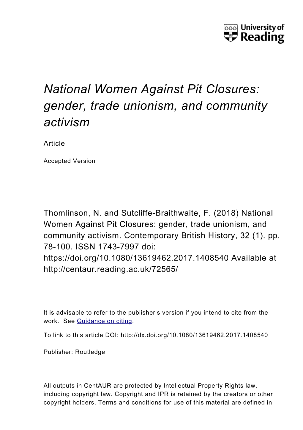 National Women Against Pit Closures: Gender, Trade Unionism, and Community Activism