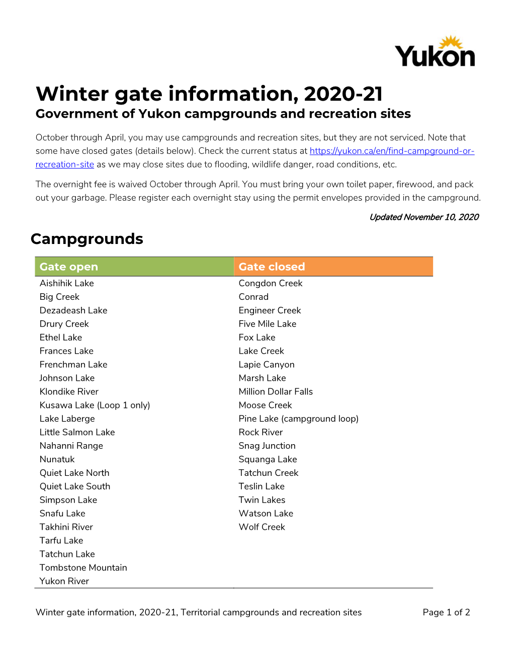 Winter Gate Information, 2020-21 Government of Yukon Campgrounds and Recreation Sites