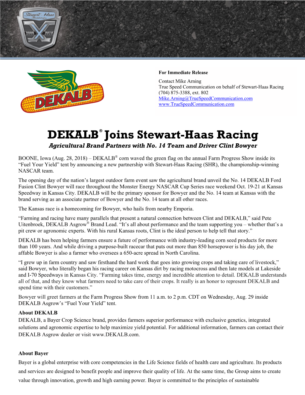 DEKALB® Joins Stewart-Haas Racing Agricultural Brand Partners with No