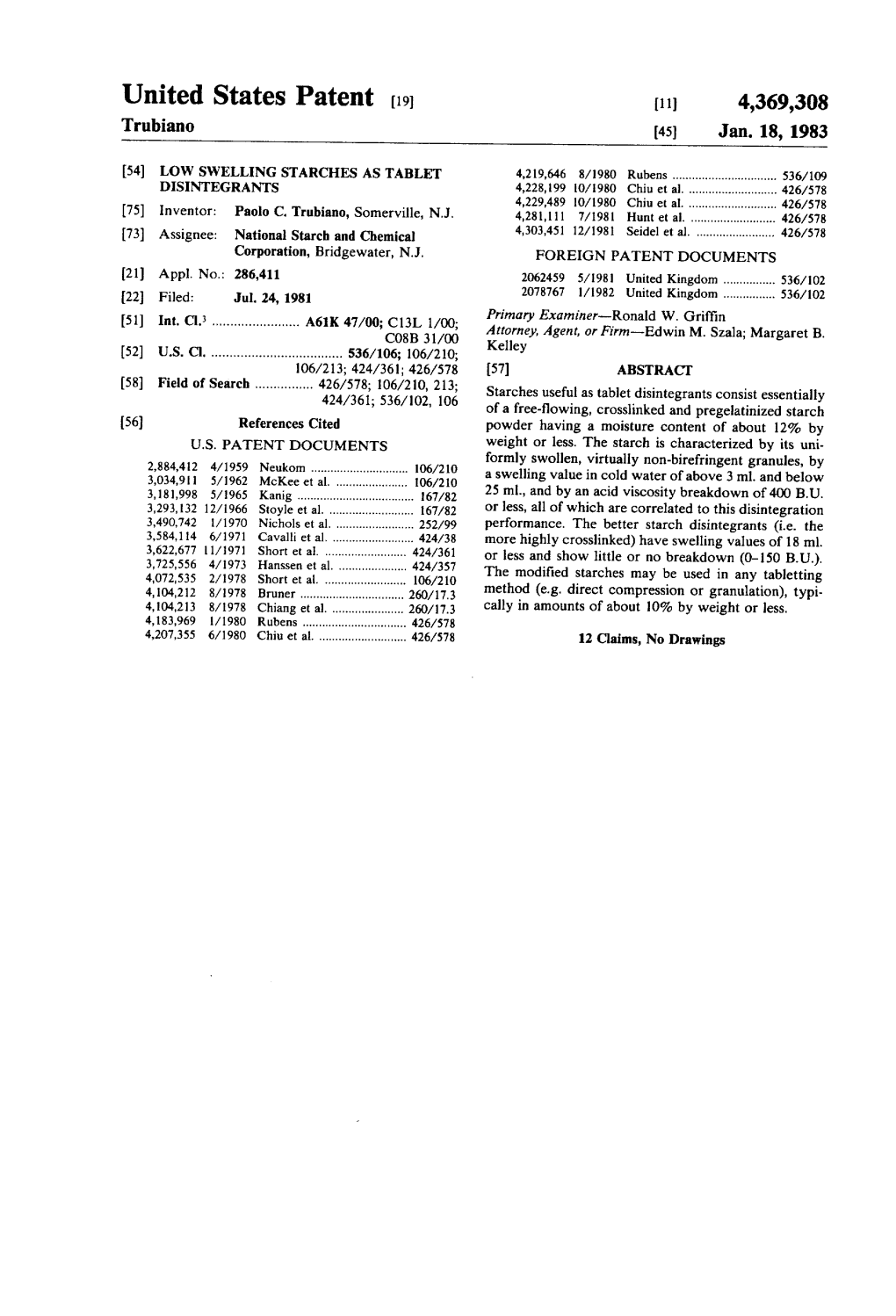 United States Patent (19) 11) 4,369,308 Trubiano (45) Jan