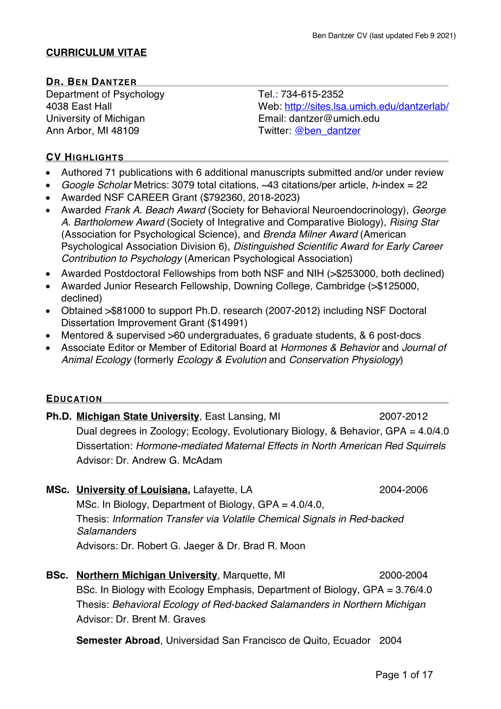 Ben Dantzer CV (Last Updated Feb 9 2021) CURRICULUM VITAE