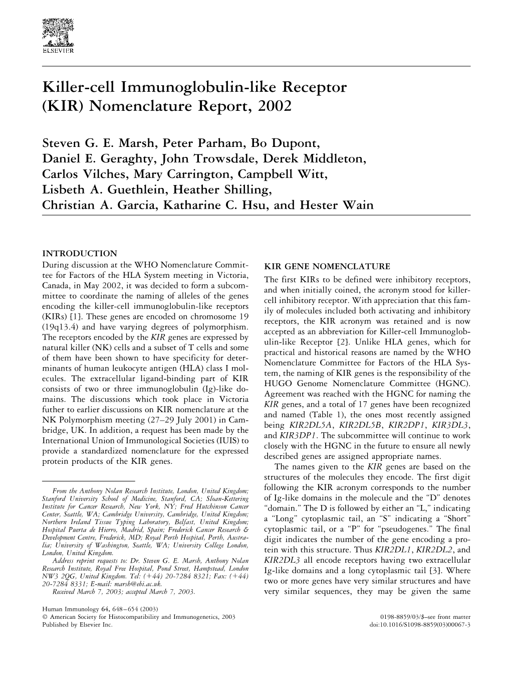 Killer-Cell Immunoglobulin-Like Receptor (KIR) Nomenclature Report, 2002