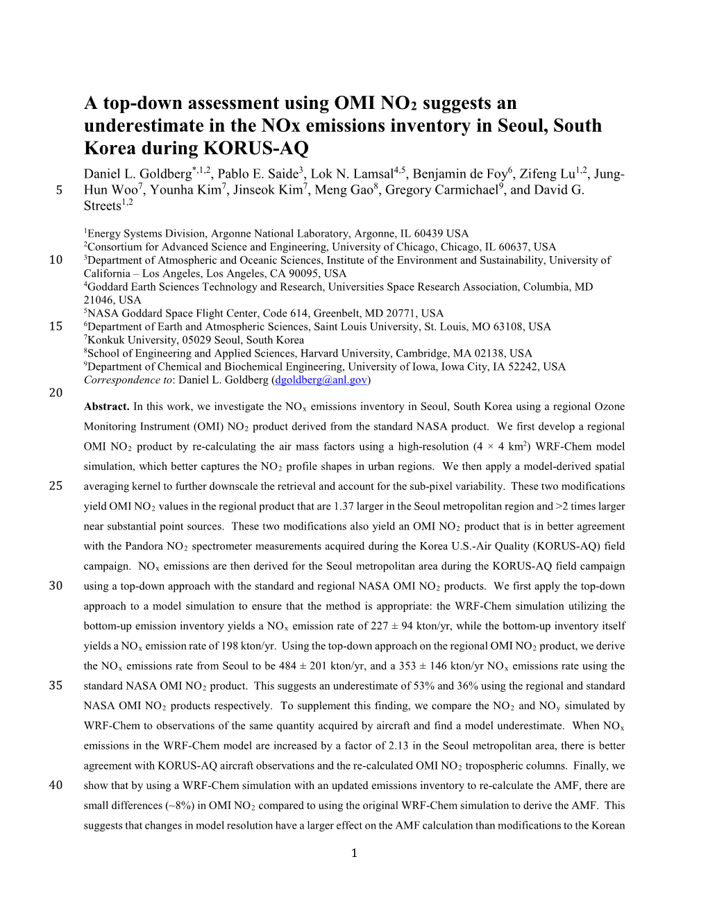 A Top-Down Assessment Using OMI NO2 Suggests an Underestimate in the Nox Emissions Inventory in Seoul, South Korea During KORUS-AQ Daniel L