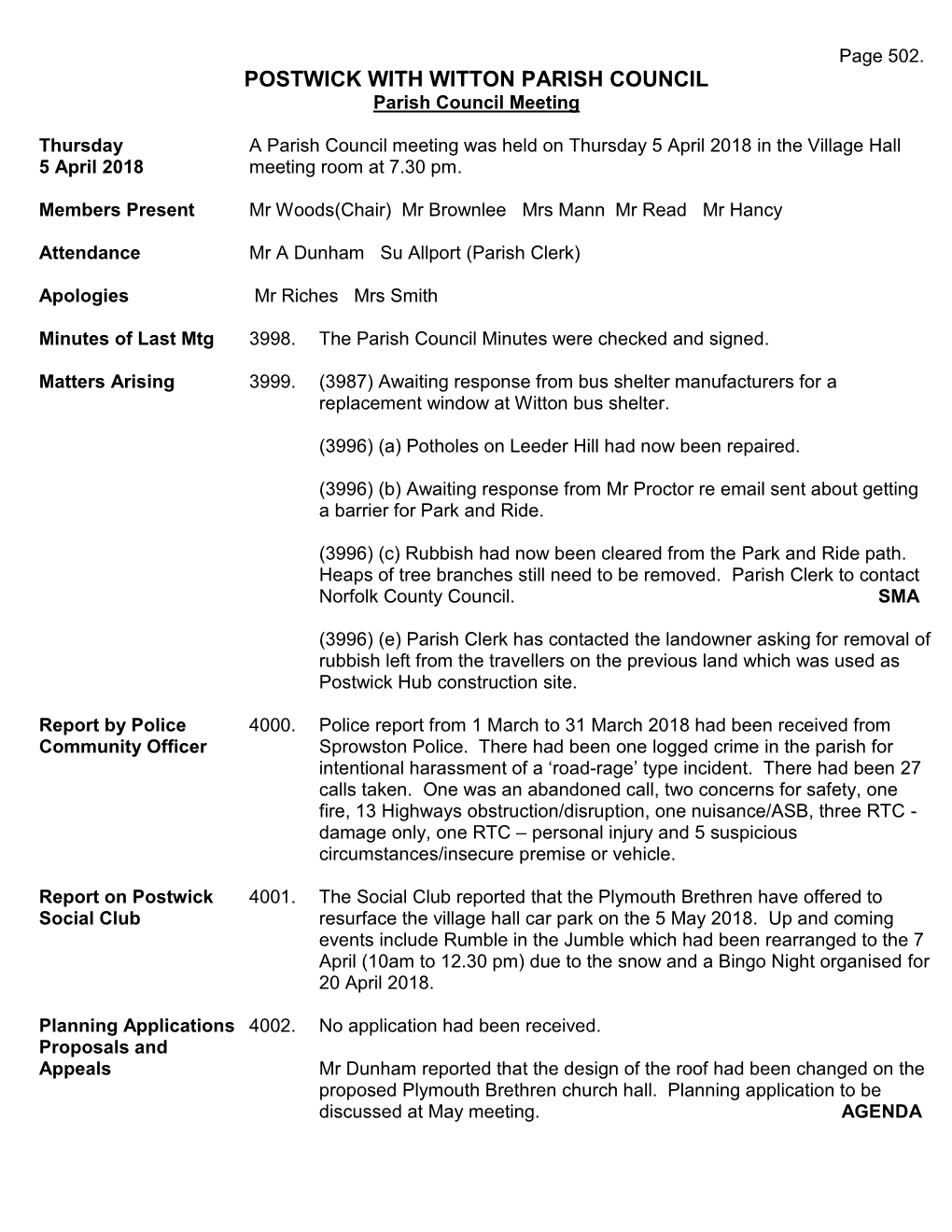 POSTWICK with WITTON PARISH COUNCIL Parish Council Meeting