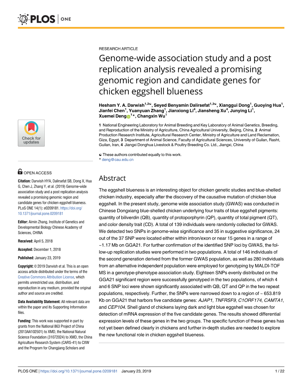 Genome-Wide Association Study and a Post Replication Analysis Revealed a Promising Genomic Region and Candidate Genes for Chicken Eggshell Blueness