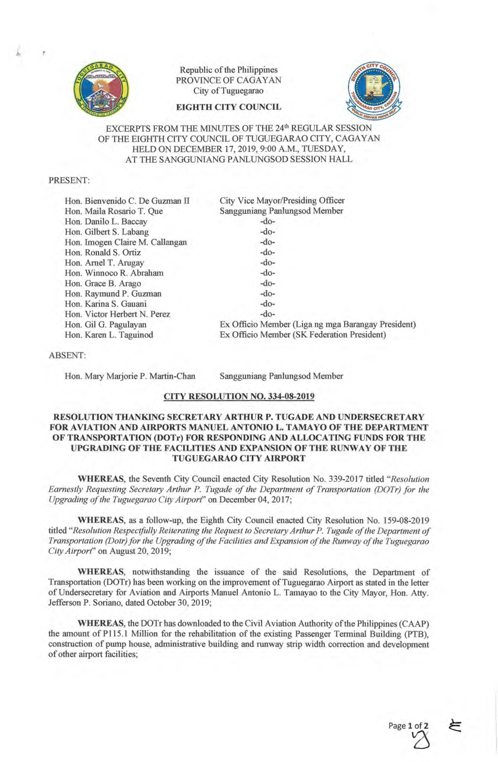 Republic of the Philippines PROVINCE of CAGAYAN City of Tuguegarao EIGHTH CITY COUNCIL