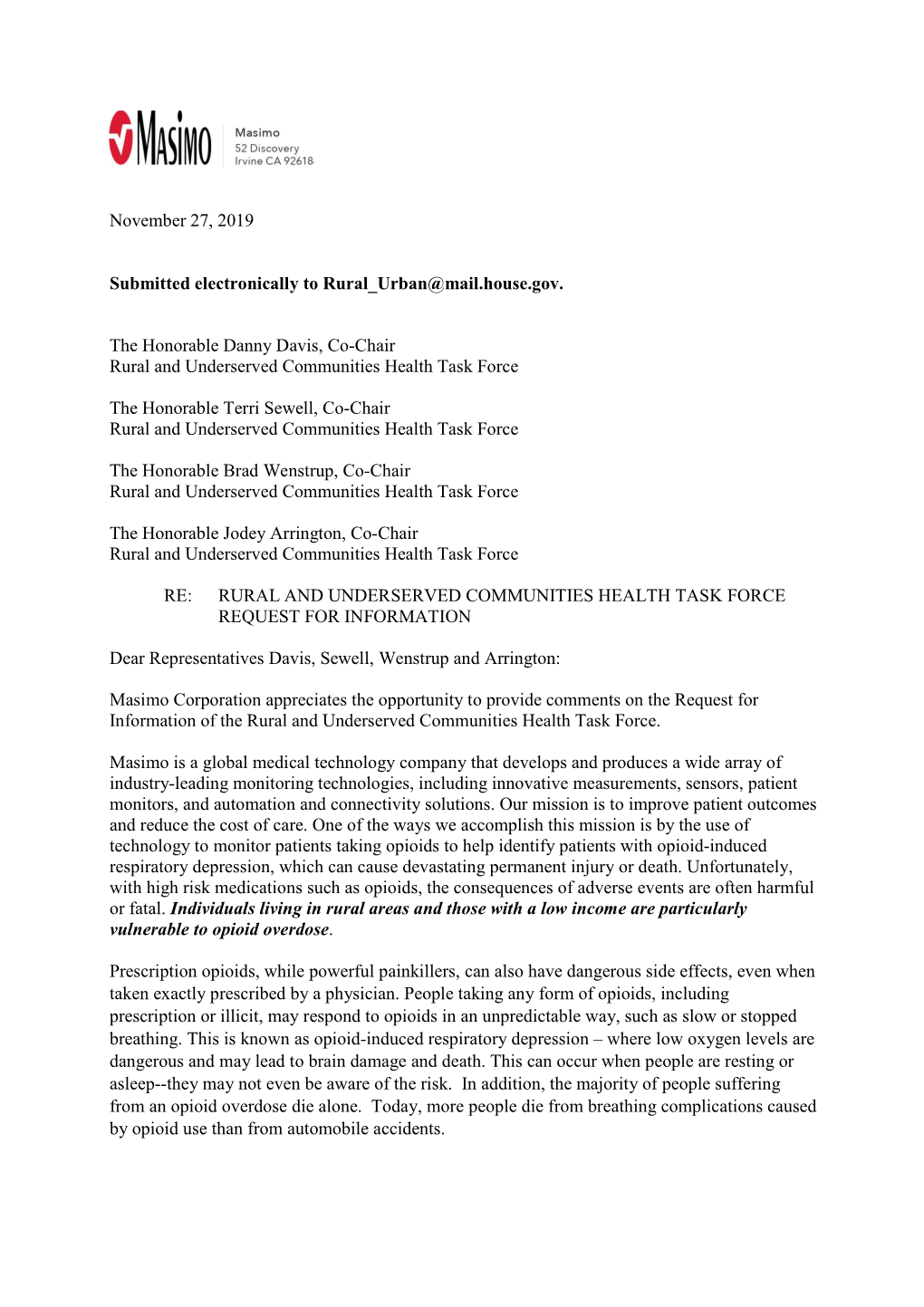 Masimo Corporation Appreciates the Opportunity to Provide Comments on the Request for Information of the Rural and Underserved Communities Health Task Force