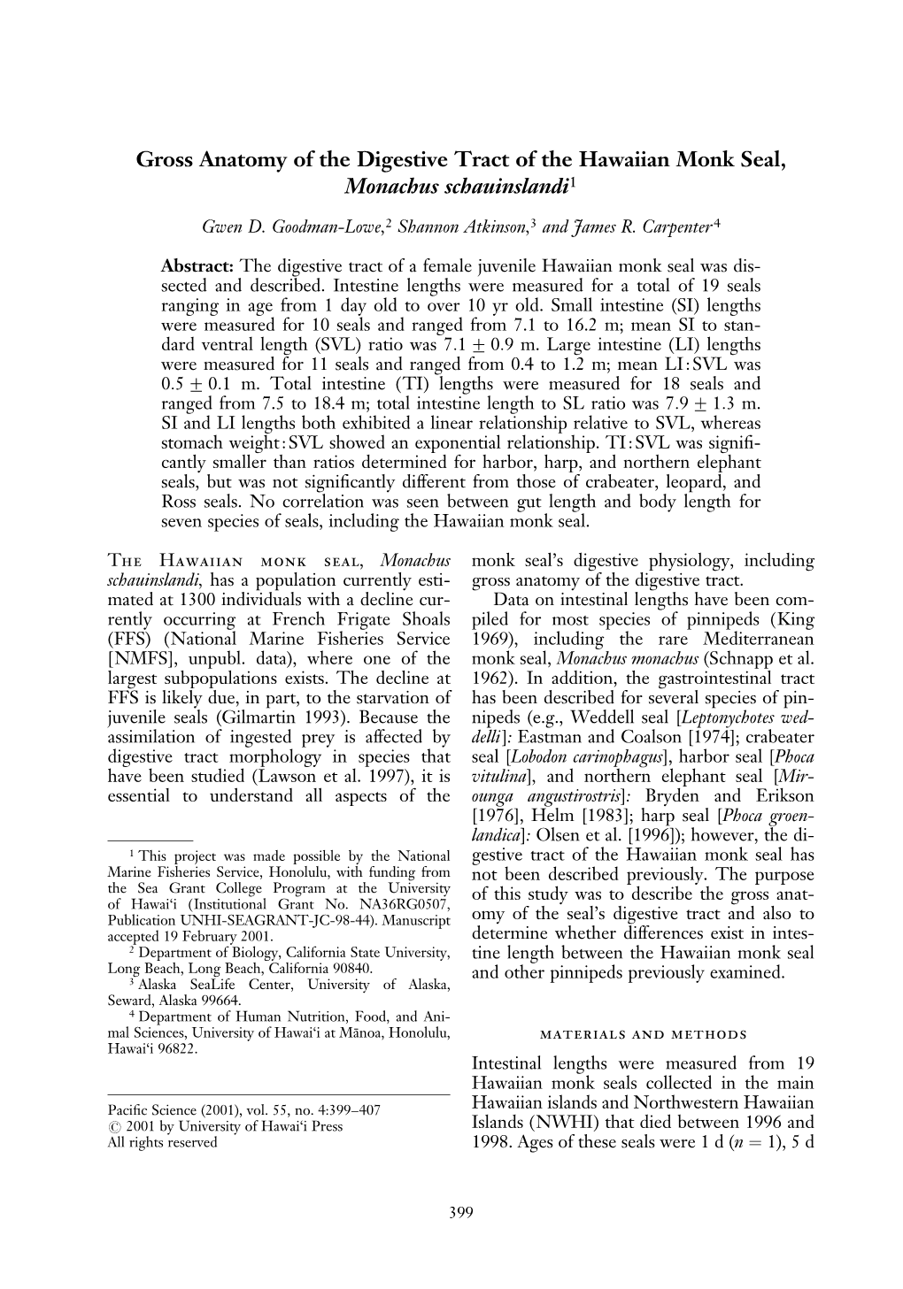 Gross Anatomy of the Digestive Tract of the Hawaiian Monk Seal, Monachus Schauinslandi1