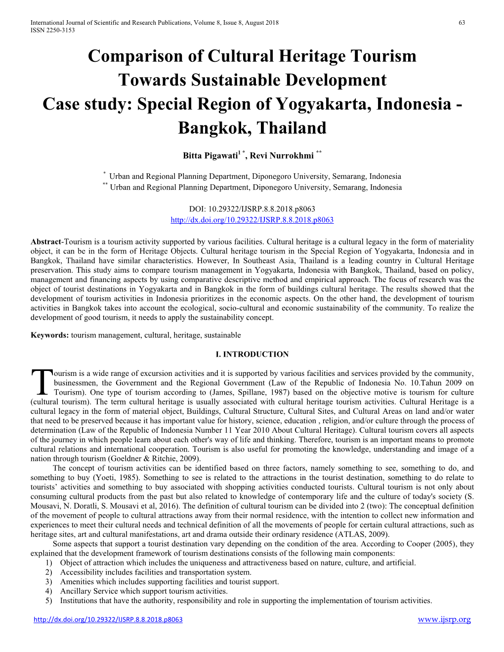 Comparison of Cultural Heritage Tourism Towards Sustainable Developmentcase Study: Special Region of Yogyakarta, Indonesia