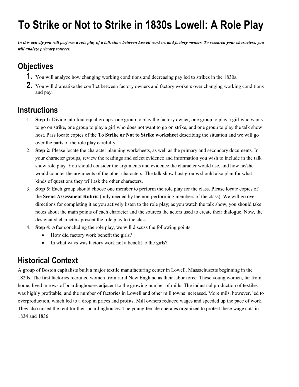 To Strike Or Not to Strike in 1830S Lowell: a Role Play