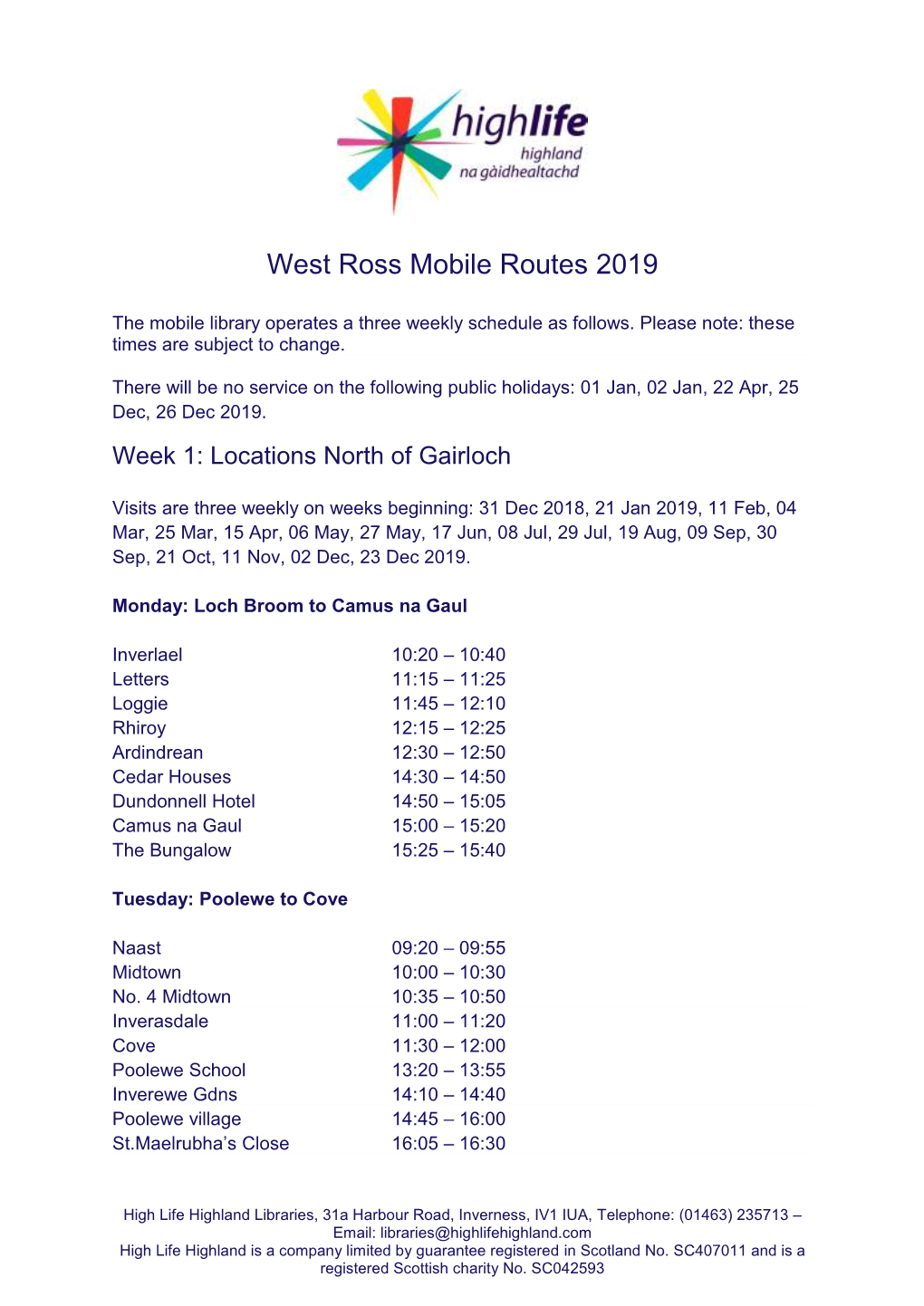 West Ross Mobile Routes 2019