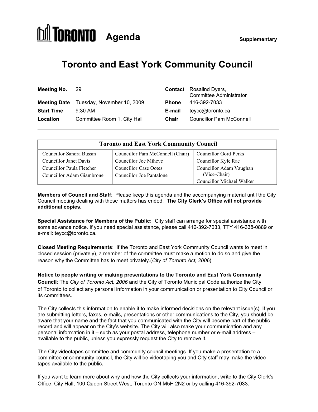 Agenda Toronto and East York Community Council