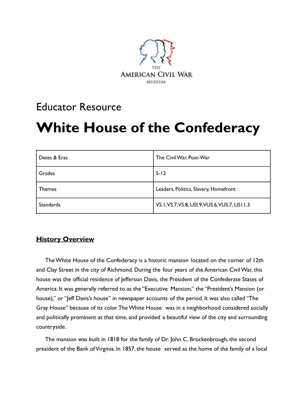 Educator Resource White House of the Confederacy