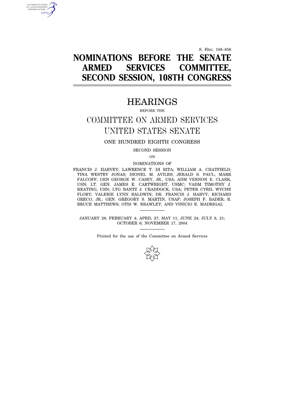 Nominations Before the Senate Armed Services Committee, Second Session, 108Th Congress