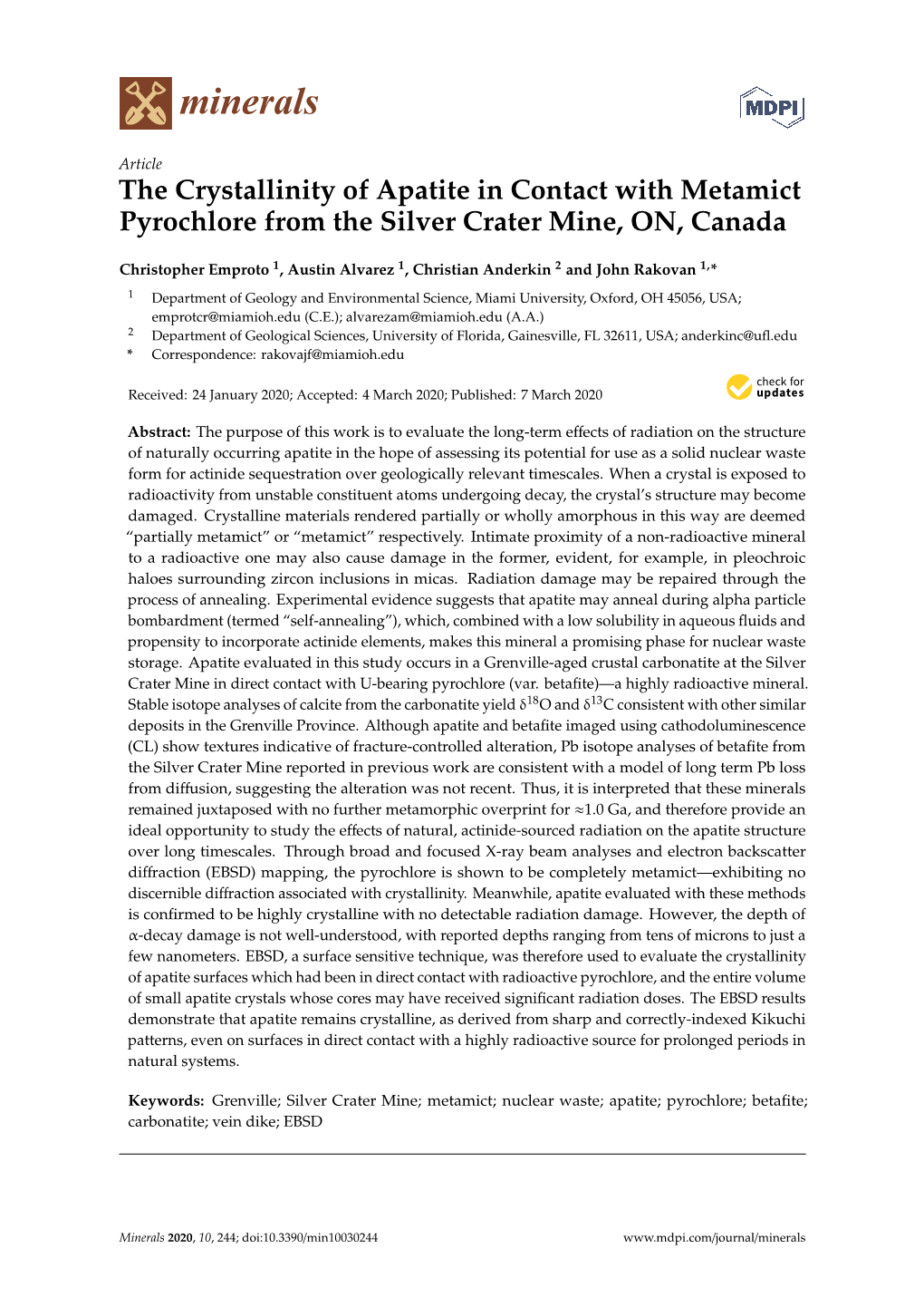 The Crystallinity of Apatite in Contact with Metamict Pyrochlore from the Silver Crater Mine, ON, Canada