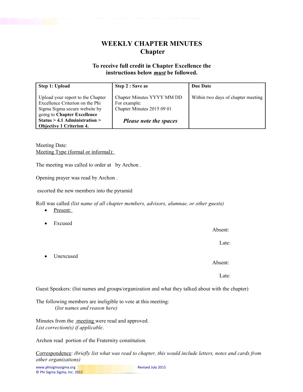 To Receive Full Credit in Chapter Excellence the Instructions Below Must Be Followed