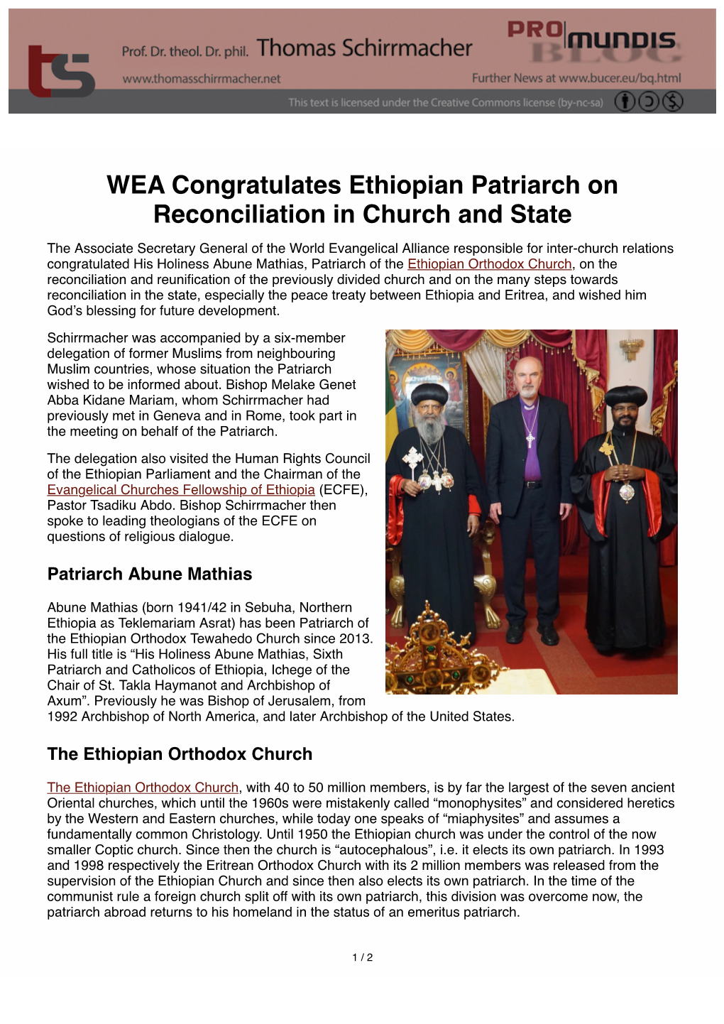 WEA Congratulates Ethiopian Patriarch on Reconciliation in Church and State