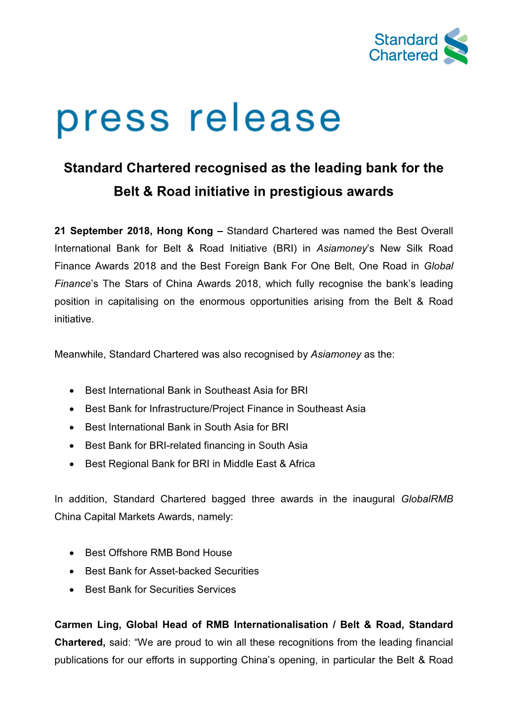 Standard Chartered Recognised As the Leading Bank for the Belt & Road