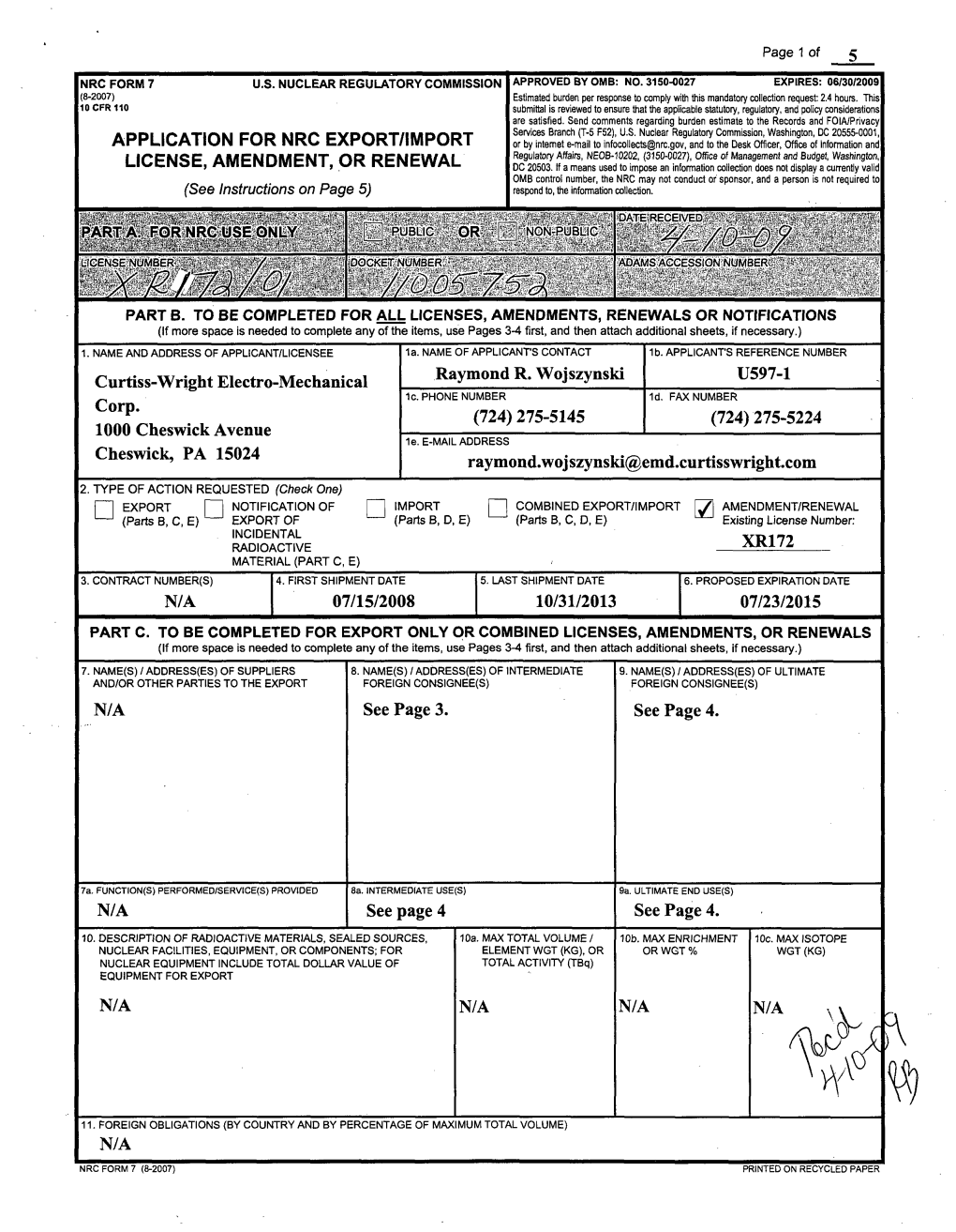 Export Amendment Application for XR172/01, Curtiss-Wright Electro