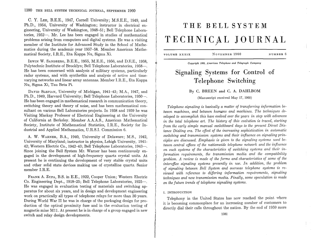 Signaling Systems for Control of Telephone Switching