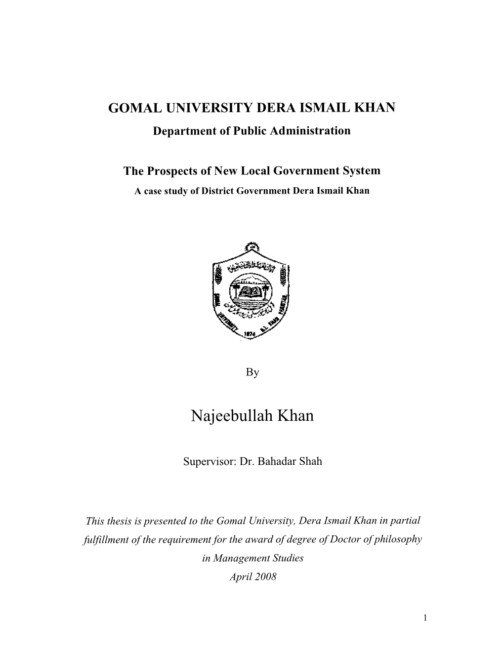 GOMAL UNIVERSITY DERA ISMAIL KHAN Department of Public Administration