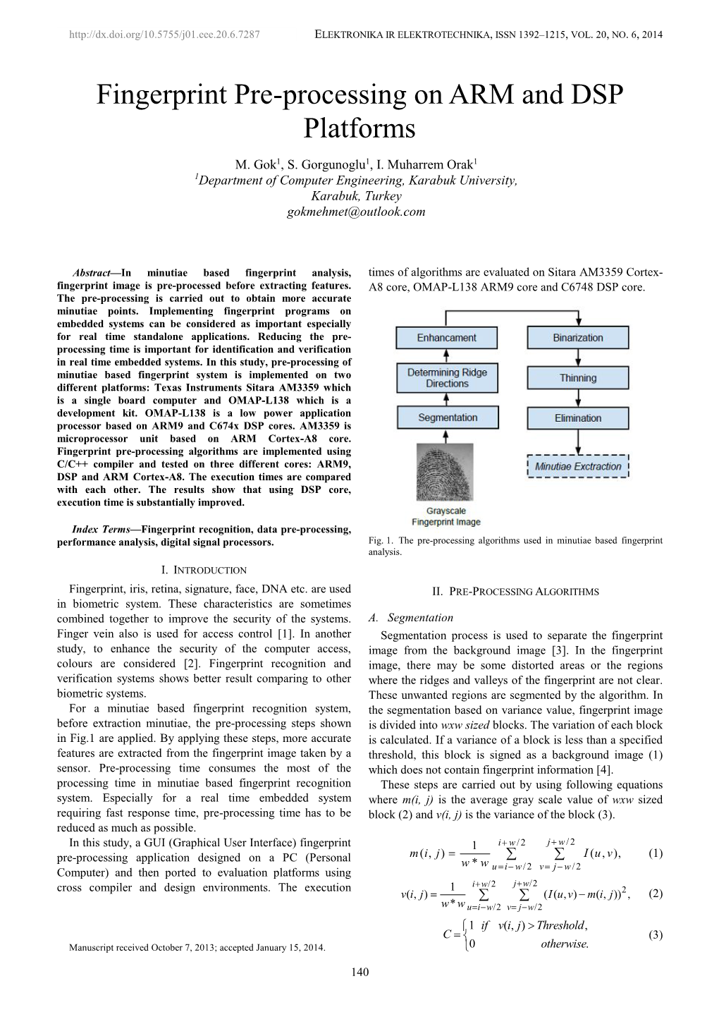 Fingerprint Pre-Processing on ARM and DSP Platforms M