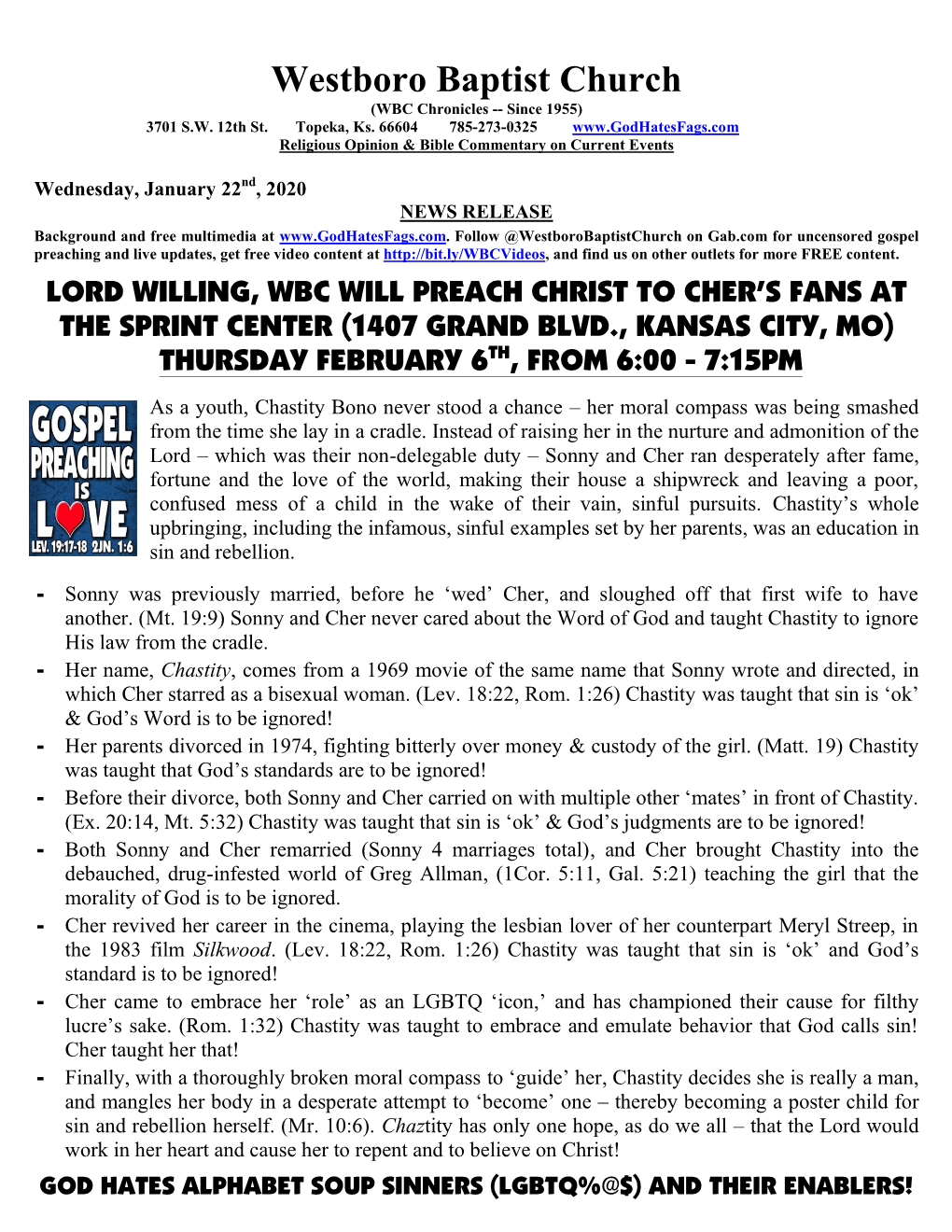 Westboro Baptist Church (WBC Chronicles -- Since 1955) 3701 S.W