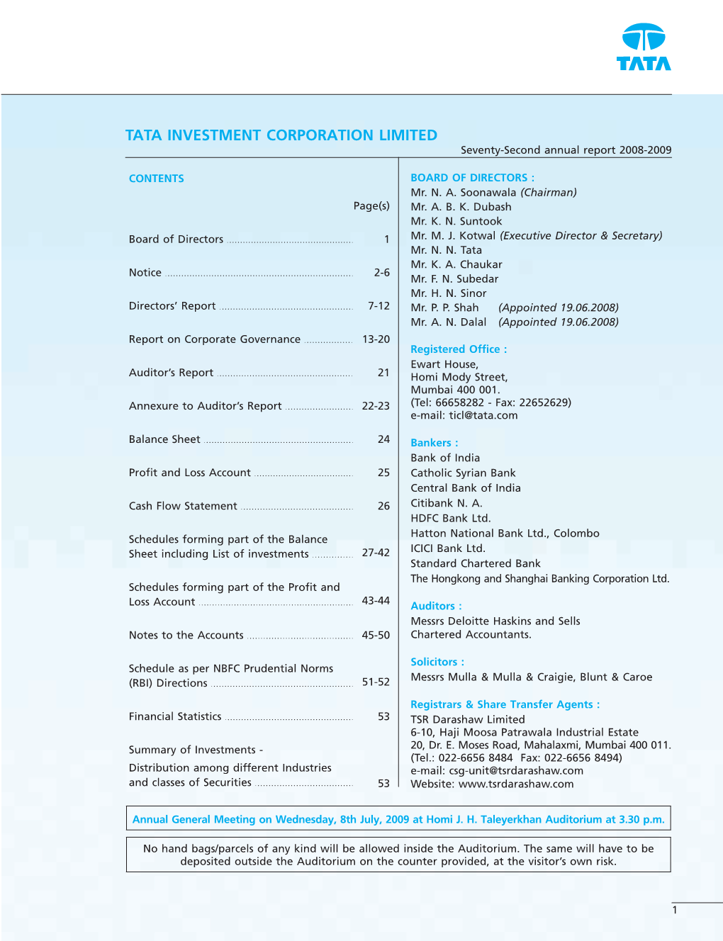 TATA INVESTMENT CORPORATION LIMITED Seventy-Second Annual Report 2008-2009