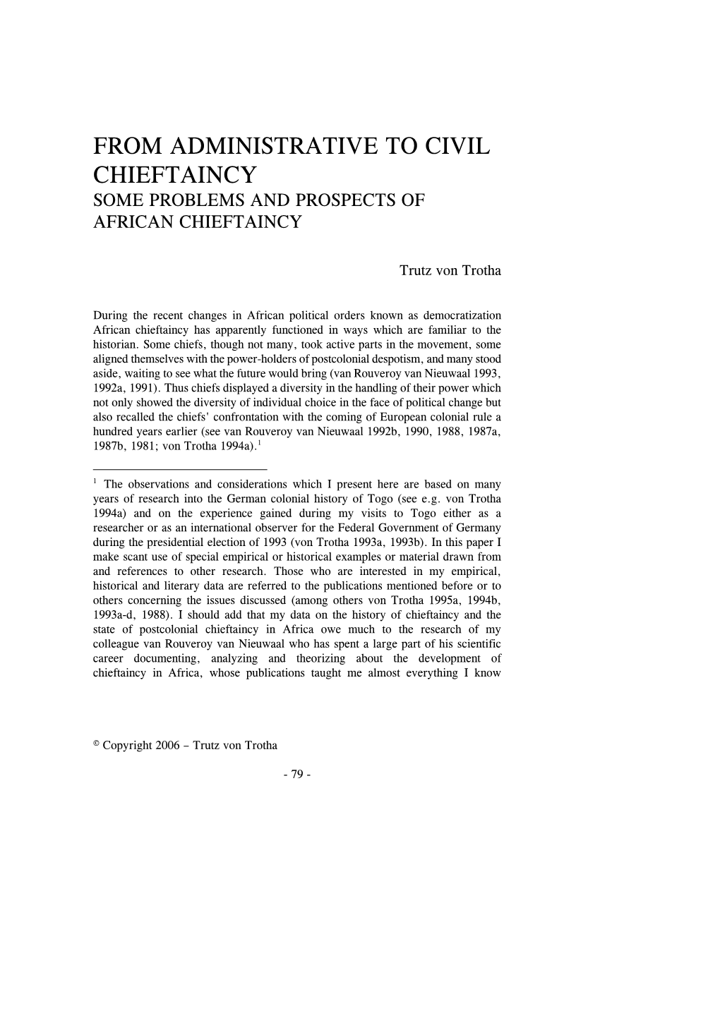 From Administrative to Civil Chieftaincy Some Problems and Prospects of African Chieftaincy