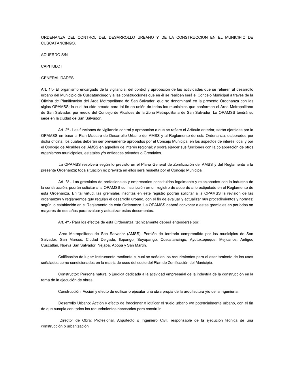 Ordenanza Del Control Del Desarrollo Urbano Y De La Construccion En El Municipio De Cuscatancingo