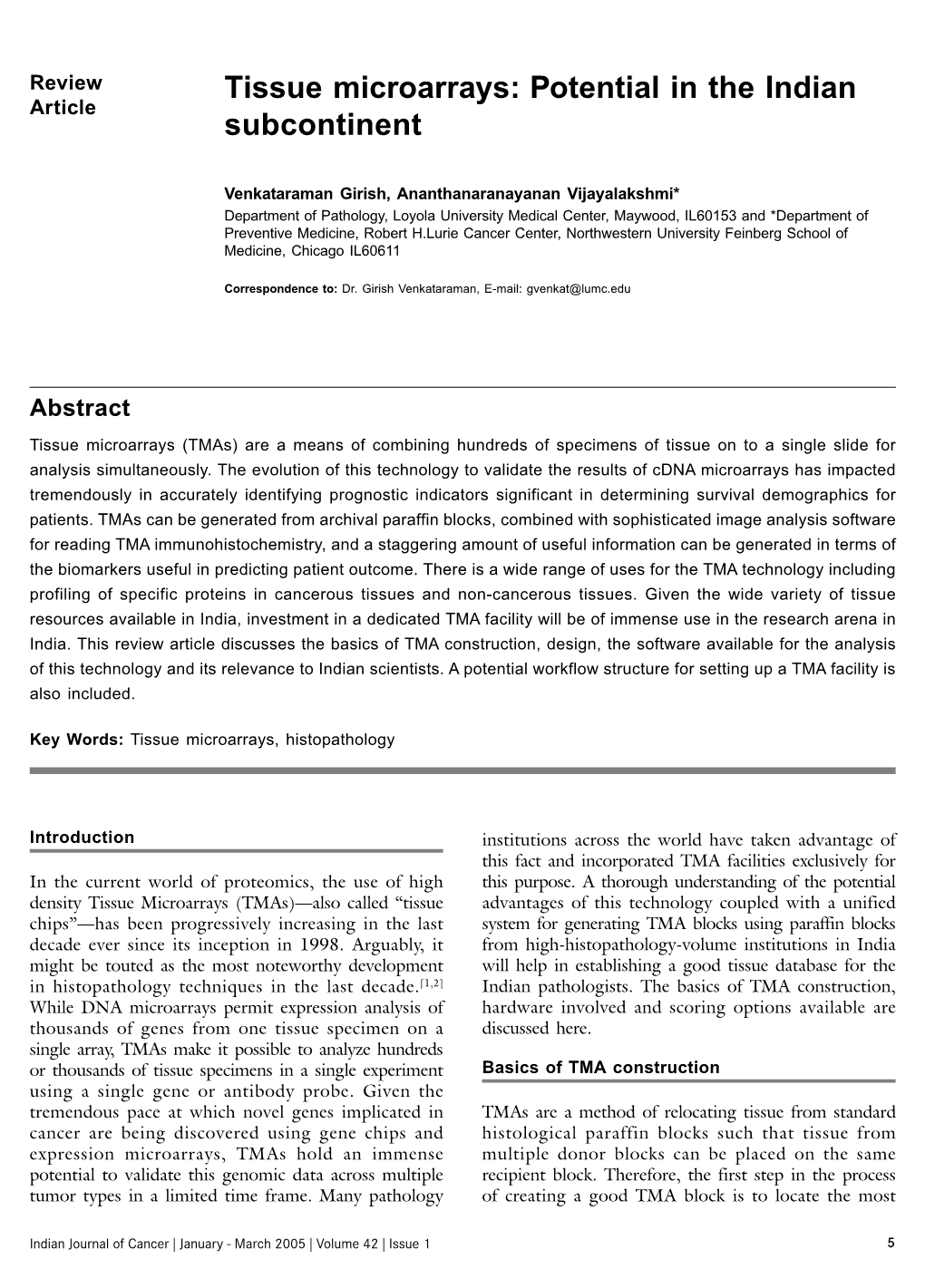 Tissue Microarrays: Potential in the Indian Subcontinent