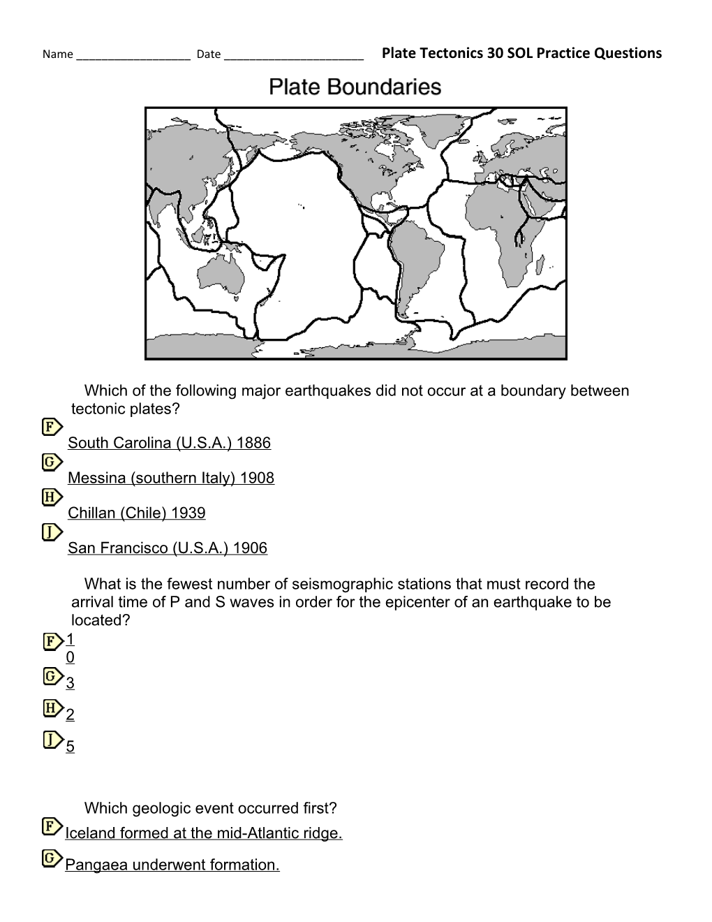 Name ______ Date ______ Plate Tectonics 30 SOL Practice Questions