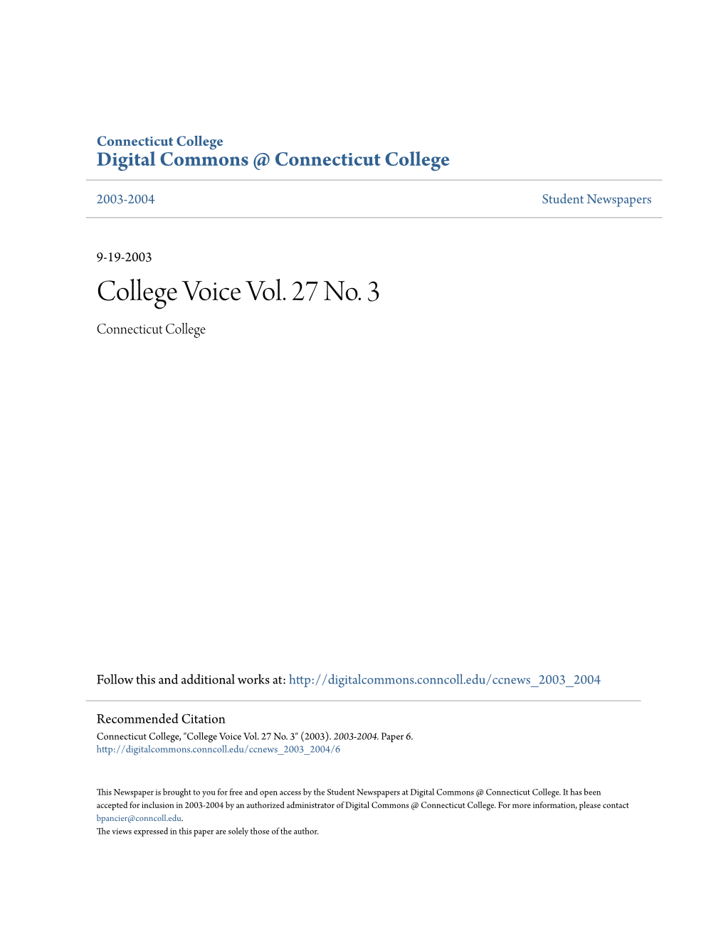 College Voice Vol. 27 No. 3 Connecticut College
