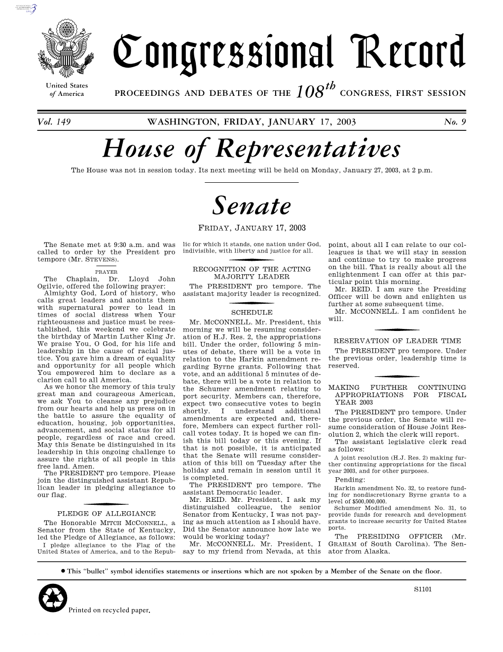 Congressional Record United States Th of America PROCEEDINGS and DEBATES of the 108 CONGRESS, FIRST SESSION